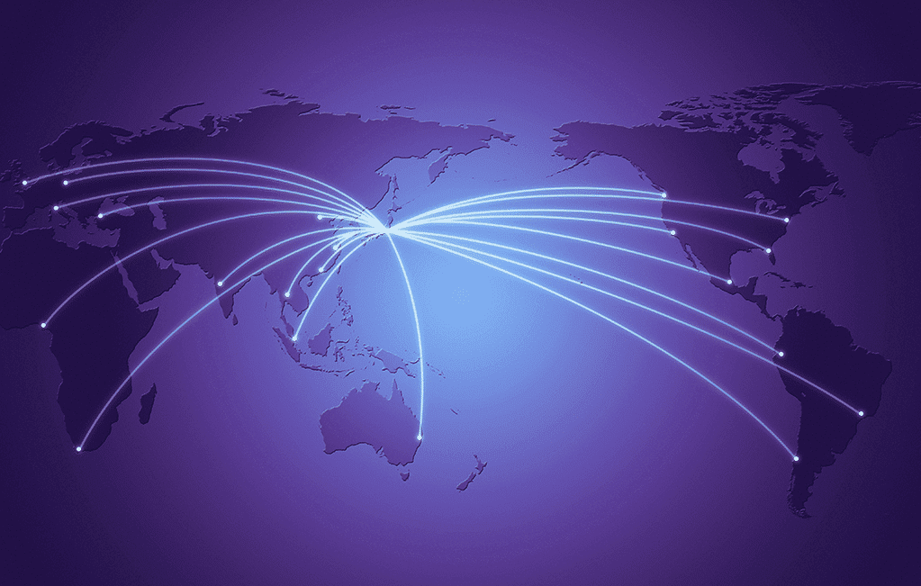 Linhas brancas direcionada para países do mundo representando a exportação.