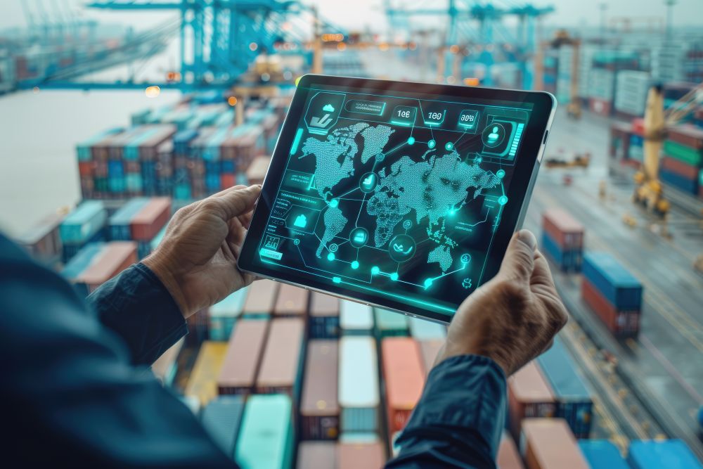 Profissional trabalhando em codificação avançada e dashboards de sistemas que representam soluções de software para importadores voltadas para automação, integração de dados e gerenciamento de importação.