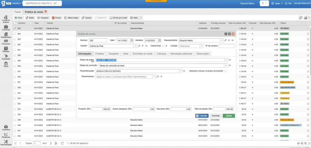 Módulo Pedido de venda nacional Gett