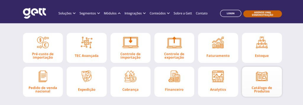 Os módulos do Gett Pro automatiza a emissão de documentos, integra dados de faturas, mantém o controle de embarques e cria rotinas de conferência voltadas à conformidade. 