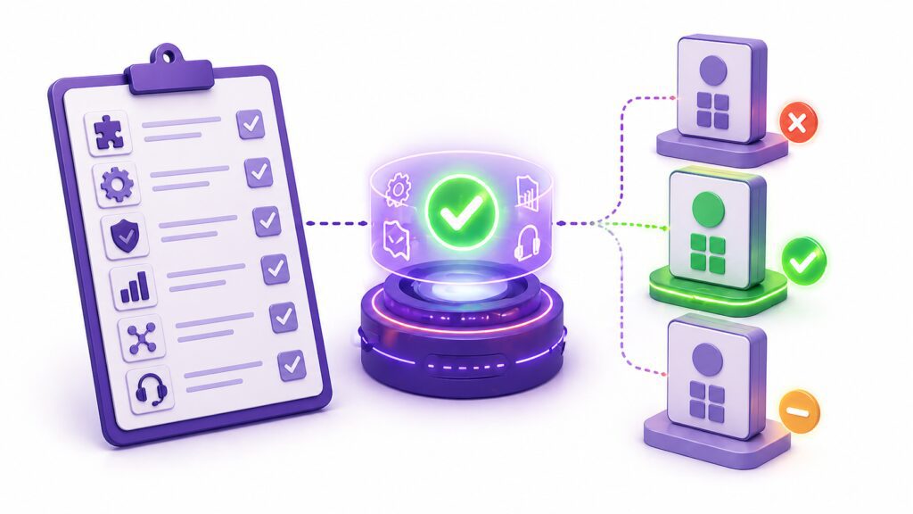 Ilustração 3D de um Checklist para escolher software para importação, mostrando análise comparativa entre sistemas, automação fiscal, integração de dados e validação de processos logísticos.