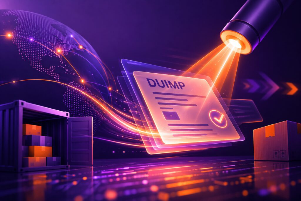 Ilustração futurista representa a recuperação da DUIMP com documento digital holográfico, contêineres de carga e integração tecnológica no comércio exterior.
