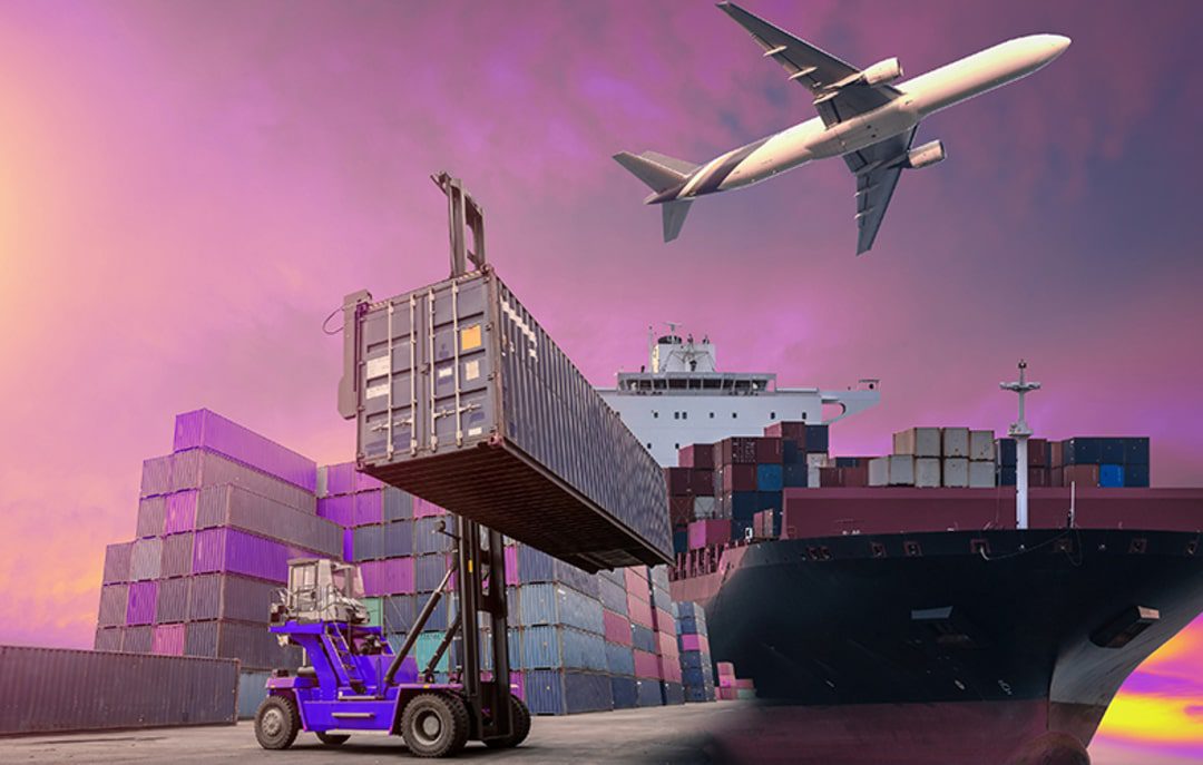 Containers e avião simbolizam a nota fiscal de exportação