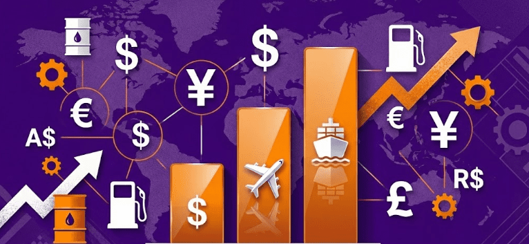 Gráfico com barras ascendentes, moedas internacionais e ícones de transporte como navio e avião, representando como a inflação global afeta o custo do frete e o preço final da importação.
