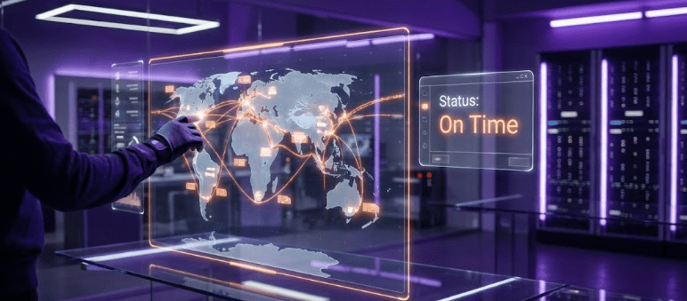 Painel holográfico com mapa global e rotas logísticas sendo monitoradas em tempo real, representando o follow-up no comércio exterior e o controle de prazos de entrega.