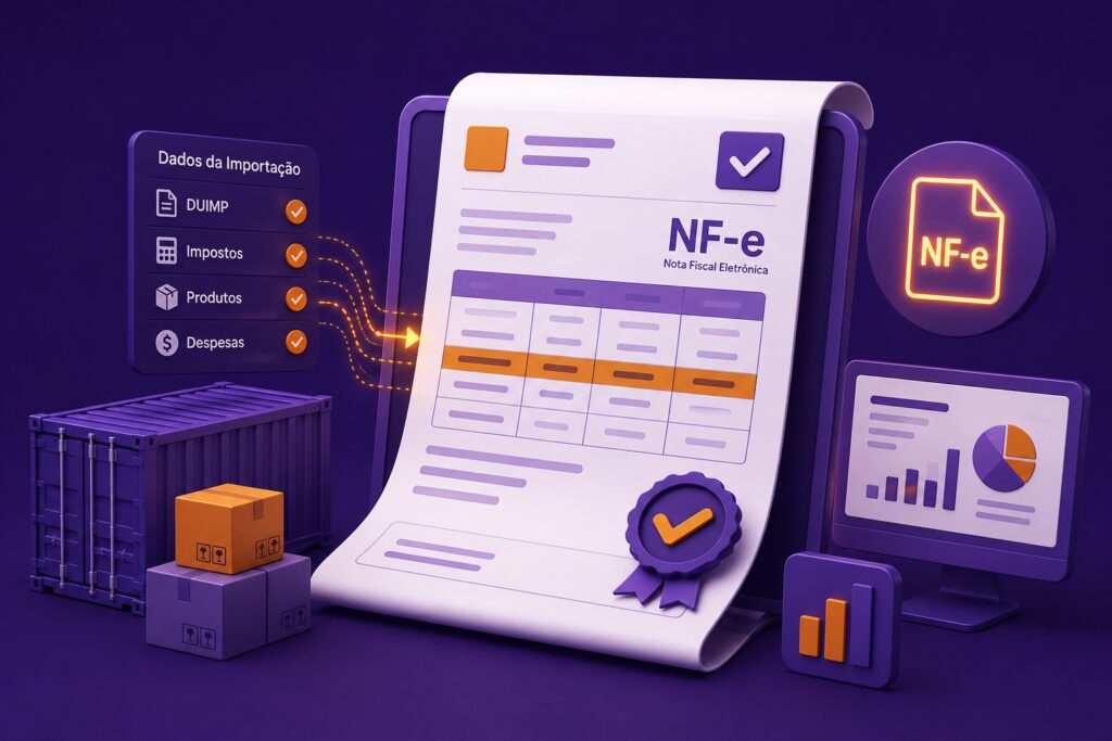 Interface ilustrativa mostrando a integração entre DUIMP e NF-e, com dados de importação, impostos, produtos e despesas sendo transferidos automaticamente para a emissão da nota fiscal eletrônica de importação.

