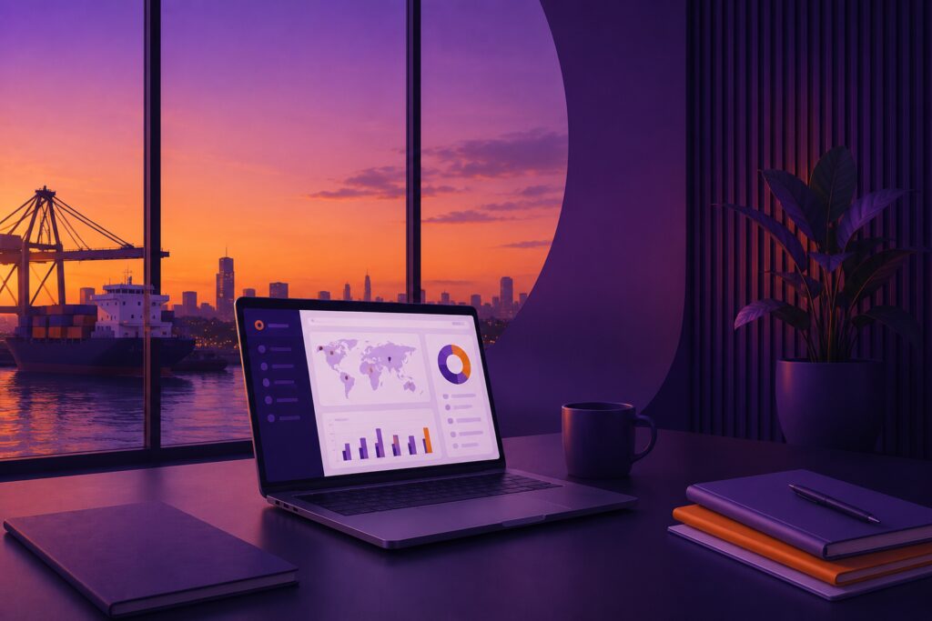  Notebook exibindo dashboard de gestão empresarial em ambiente corporativo com vista para porto, representando um ERP para nuvem integrado às operações logísticas e comerciais.

