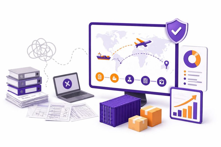Ilustração de um ERP para importação exibindo painel de gestão logística, embarques internacionais, indicadores de desempenho, controle fiscal e monitoramento de cargas.