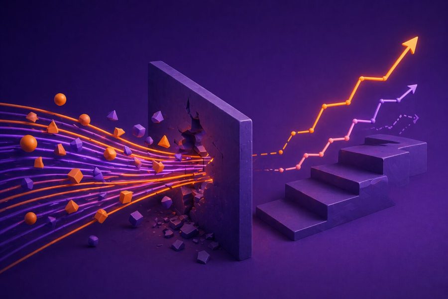 Quando trocar de sistema na importadora: sinais de que sua estrutura não acompanha o crescimento. Ilustração conceitual sobre quando trocar de sistema na importadora, mostrando dados desorganizados rompendo uma barreira e se transformando em crescimento estruturado com automação e escalabilidade.
