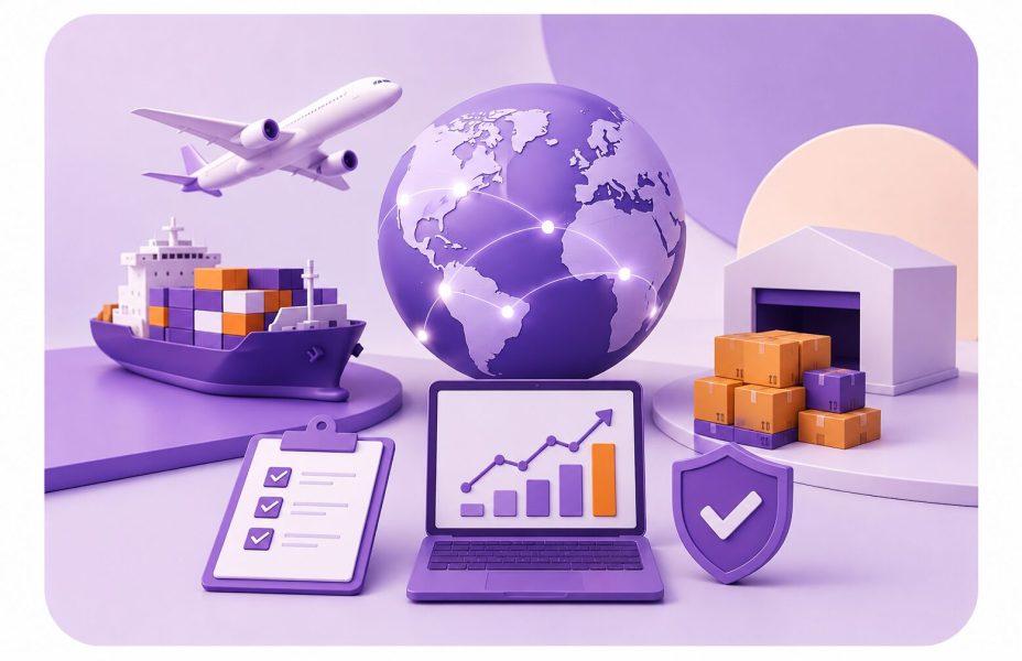Ilustração 3D representando integração DUIMP e NFe, com globo conectado, navio cargueiro, avião de carga, armazém logístico, gráficos de desempenho e elementos de segurança digital, simbolizando automação, conformidade fiscal e gestão integrada das operações de comércio exterior.