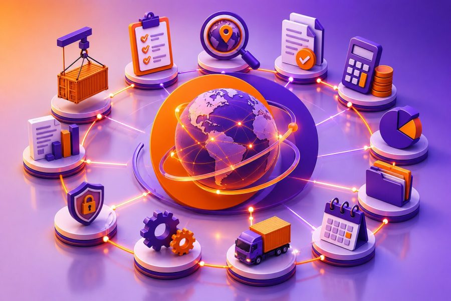 Ilustração de plataforma global conectando logística, documentos, finanças e transporte, representando as principais Funcionalidades de ERP para importadoras na gestão integrada do comércio exterior.