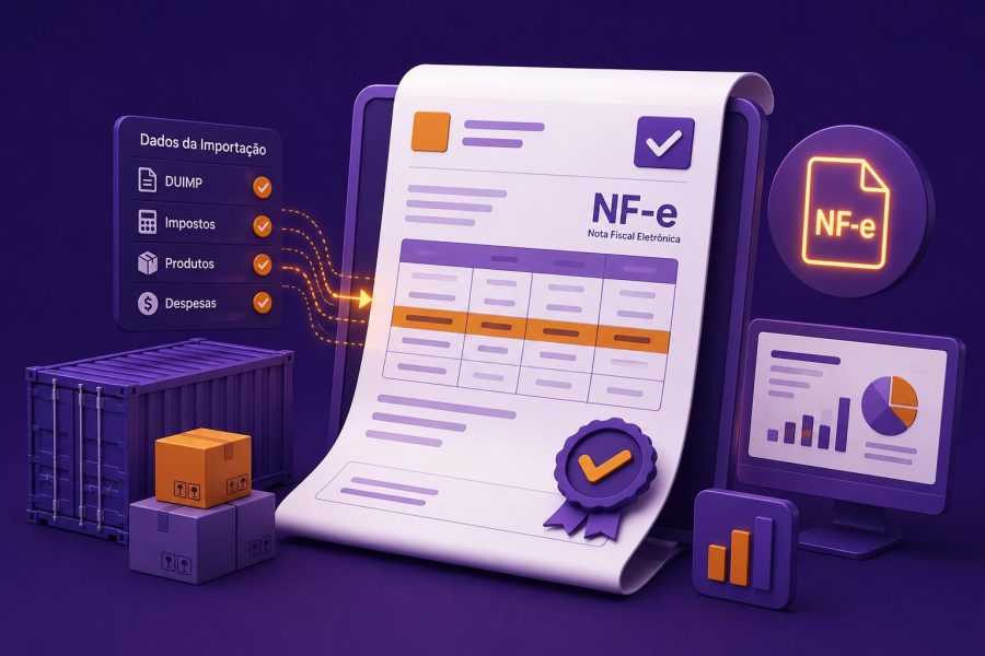 Interface ilustrativa mostrando a integração entre DUIMP e NF-e, com dados de importação, impostos, produtos e despesas sendo transferidos automaticamente para a emissão da nota fiscal eletrônica de importação.