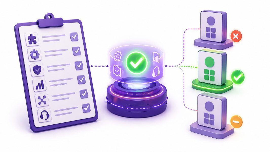 Ilustração 3D de um Checklist para escolher software para importação, mostrando análise comparativa entre sistemas, automação fiscal, integração de dados e validação de processos logísticos.