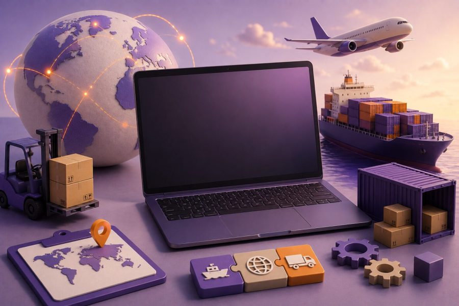 Ilustração de um software para Trading Company integrado às operações de comércio exterior, com notebook, navio cargueiro, avião, globo terrestre, contêineres e ícones logísticos que representam gestão operacional, financeira e fiscal.