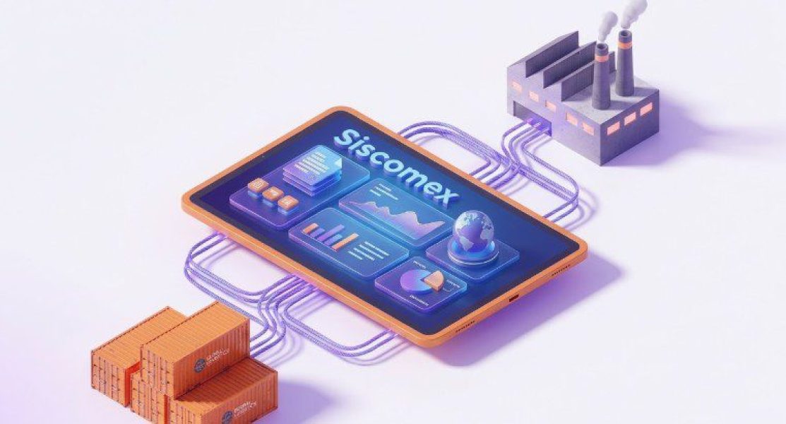 Ilustração digital de sistema industrial conectado a fábrica e contêineres logísticos, representando o controle de operações de importação e exportação relacionado ao Ato concessório drawback.