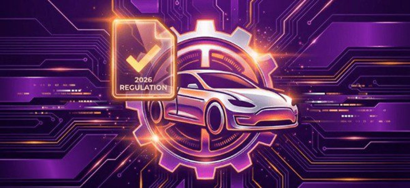 Ilustração de carro elétrico com engrenagem e circuito digital destacando regulamentações globais, representando o crescimento das exportações de carros elétricos.