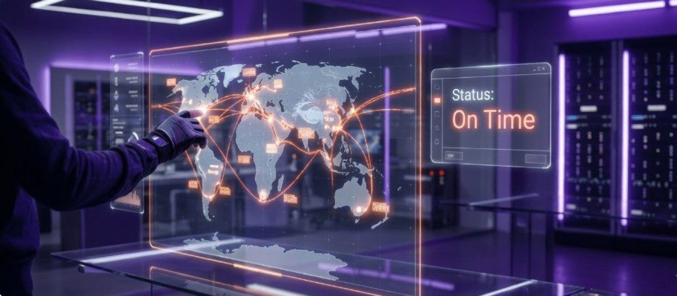 Painel holográfico com mapa global e rotas logísticas sendo monitoradas em tempo real, representando o follow-up no comércio exterior e o controle de prazos de entrega.