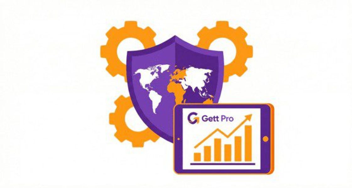 Ilustração com escudo de proteção, gráfico financeiro e ciclo de dinheiro representando o Gett Pro - sistema completo e especializado em comércio exterior.